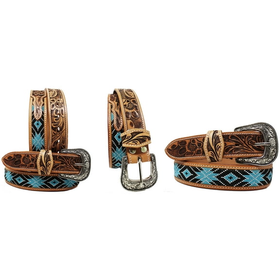 43-44  Unisex 1.5" Western Floral Tooled Beaded Full-Grain Leather Belt 26RT38