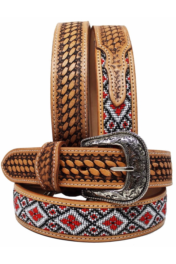 43-44 Unisex 1.5" Western Floral Tooled Beaded Full-Grain Leather Belt 26RT46B