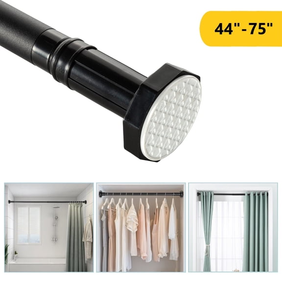 BEAMNOVA No Drill Telescopic Shower Curtain Rods, 44"-75" Adjustable Tension Rod, Rust-Resistant Stainless Steel for Windows Bathroom, Black (1 Pack)