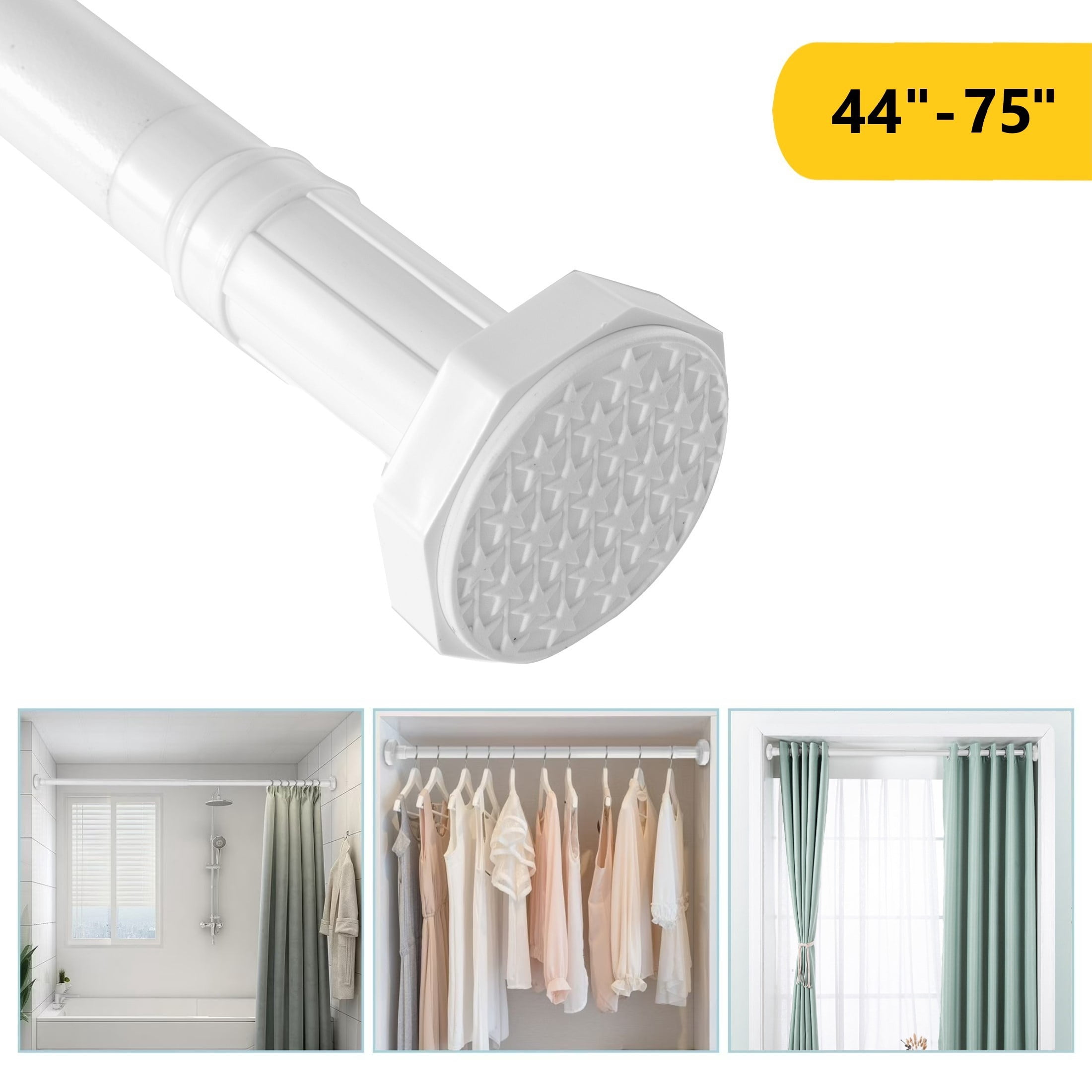 BEAMNOVA No Drill Telescopic Shower Curtain Rods, 44"-75" Adjustable Tension Rod, Rust-Resistant Stainless Steel for Windows Bathroom, White (1 Pack)