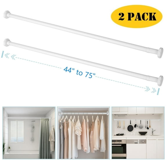 BEAMNOVA 44"-75" Adjustable Tension Curtain Rod, No Drilling Telescopic Tension Rods for Wardrobe Closet Windows Shower Curtains, White (2 Pack)