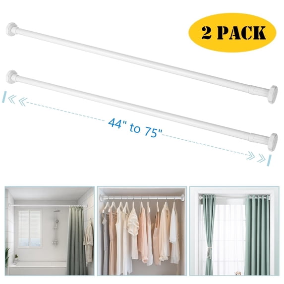 BEAMNOVA No Drill Telescopic Shower Curtain Rods, 44"-75" Adjustable Tension Rod, Rust-Resistant Stainless Steel for Windows Bathroom, White (2 Pack)