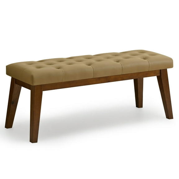 43.5'' Faux Leather Bedroom Bench, Upholstered End of Bed Bench with Tufted Button, Padded Vintage Dining Bench, Entryway Bench with Solid Wood Legs, Kitchen, Living Room, Hallway, Light Brown Tufted