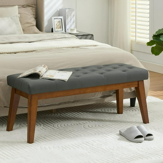 43.5'' Faux Leather Bedroom Bench, Upholstered End of Bed Bench with Tufted Button, Padded Vintage Dining Bench, Entryway Bench with Solid Wood Legs, Kitchen, Living Room, Hallway, Dark Grey Tufted