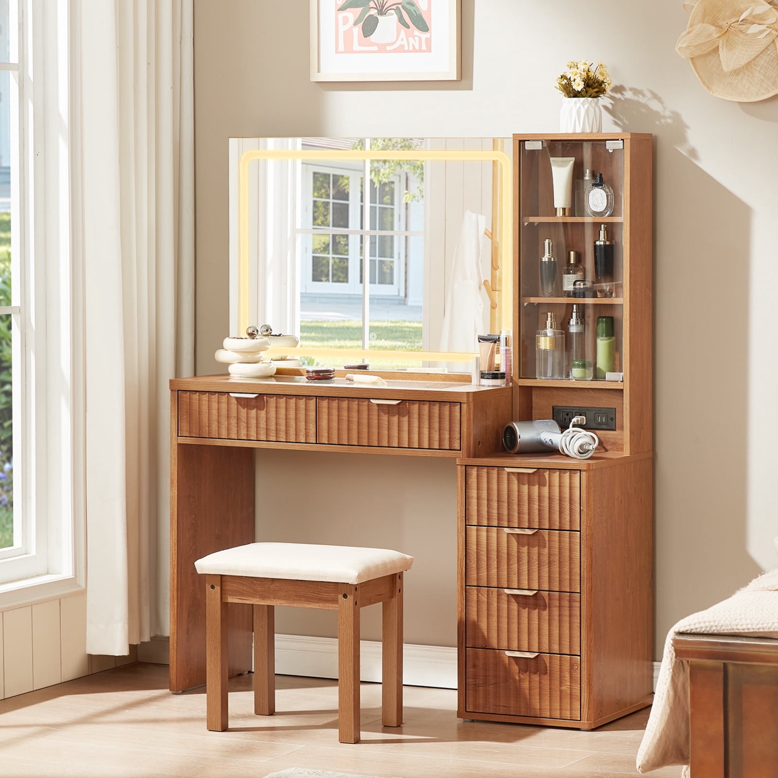 43.5" Fluted Vanity Desk with Mirror, LED Light, Power Outlet, Makeup Vanity with Storage Cabinet and Foldable Panel, Vanity Set with Cushioned Stool - Brown
