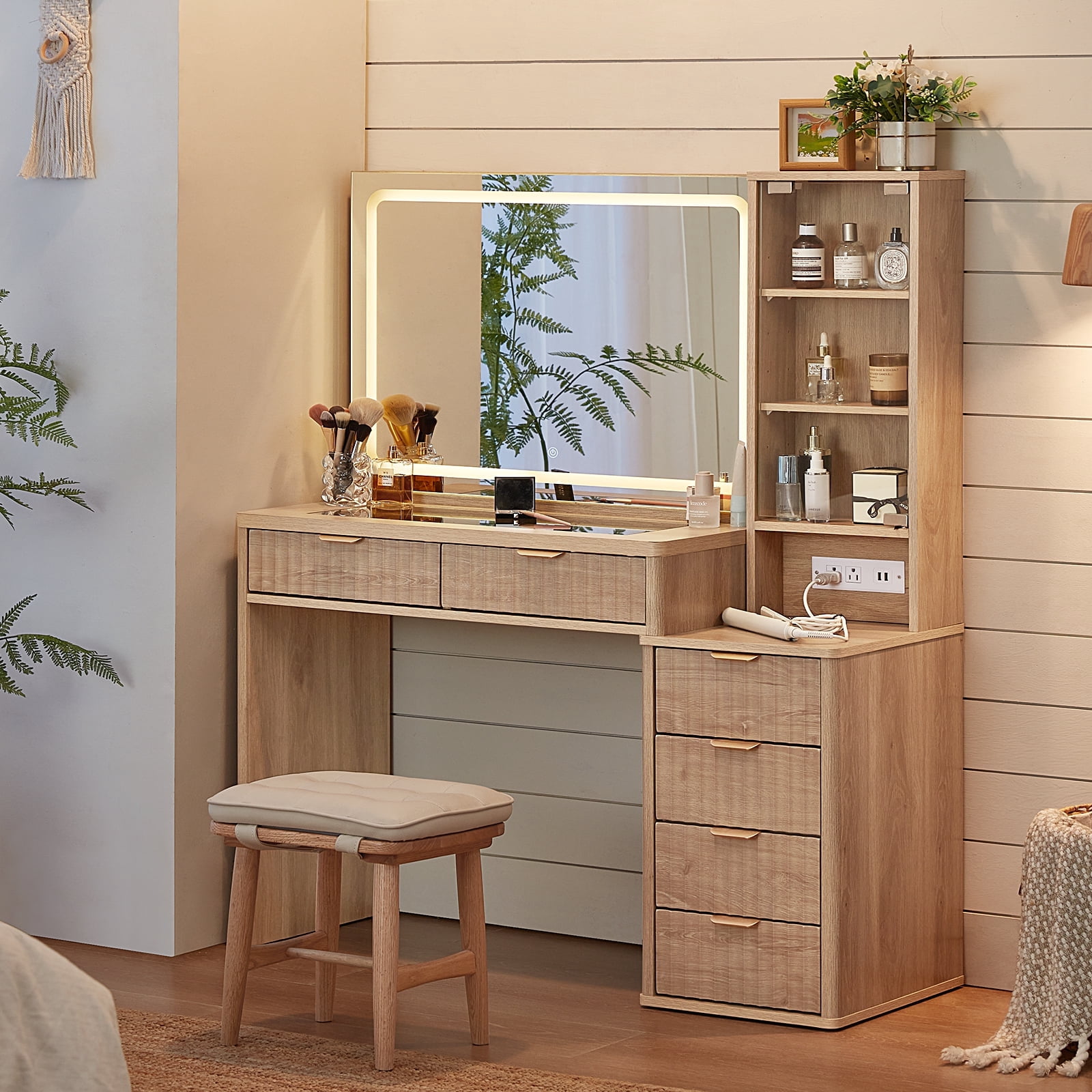 43.5" Fluted Vanity Desk with Mirror and Lights and Power Outlet, Makeup Vanity with Large Desktop & Drawers, Vanity Set with Stool for Bedroom, Natural Wood