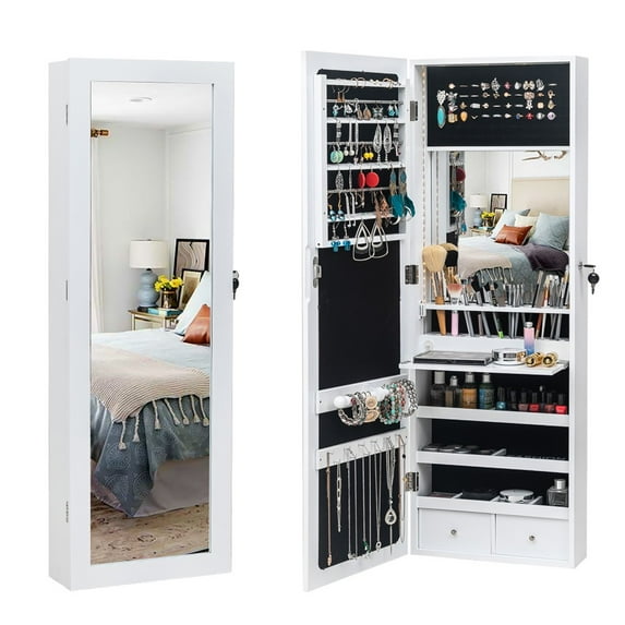 43.5"H Mirror Jewelry Cabinet Armoire Organizer, Wall or Door Mounted Lockable Hanging Cabinet with White LED Light Strip, Built-in Makeup Mirror, Brush Holders, Moveable Panel Shelf and 2 Drawers