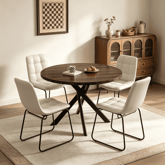 43.5 Inch Round Dining Table Set For 4, 5-Piece Wooden Table with Metal Leg Dining Chairs, Mid Century Modern Small Coffee Set For Dining Room Kitchen Apartment