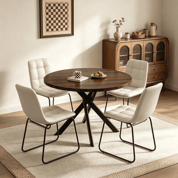43.5 Inch Round Dining Table Set For 4, 5-Piece Wooden Table with Metal Leg Dining Chairs, Mid Century Modern Small Coffee Set For Dining Room Kitchen Apartment