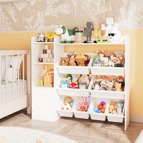 43.5 Inch Wide Storage Organizer with 8 Removable Bins & Multiple Cubbies, 4-Tier Storage Shelf for Books, and Crafts, Bookcase for Bedroom, Classroom