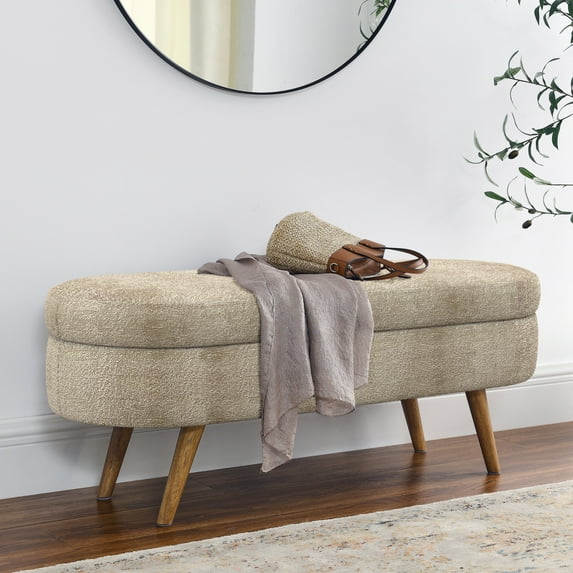 43.5" Ottoman Oval Bench with Storage, Foam Upholstered Bench with Rubber Wood Legs for Living Room, Bedroom, Entryway, End of Bed, Brown