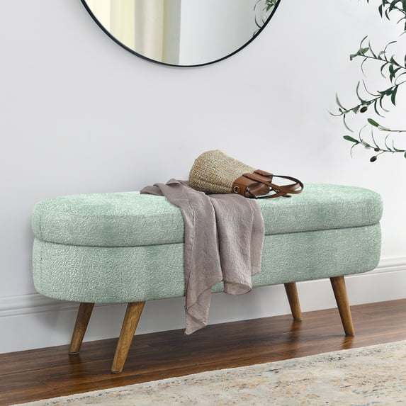 43.5" Ottoman Oval Bench with Storage, Foam Upholstered Bench with Rubber Wood Legs for Living Room, Bedroom, Entryway, End of Bed, Cyan