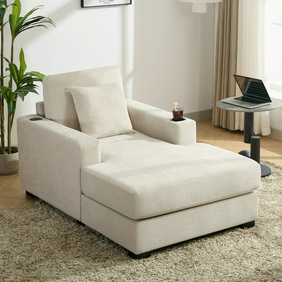 43.5" Oversized Chaise Lounger Modern Style Sofa Couch ,with Pillows, Charge Station & Cup Holders, Chenille Fabric, Cream