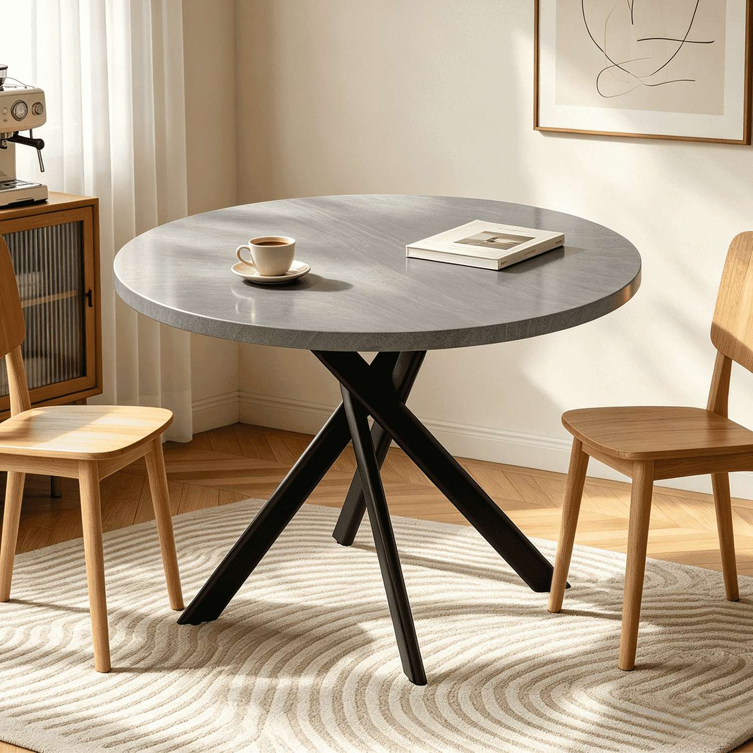 43.5" Round Dining Table for 4, Space Saving Kitchen Table with Metal Legs, Mid Century Modern Dining Table for Dining Living Room Apartment Small Space
