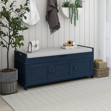 43.5''Storage Bench, Shoe Bench with 3 Shutter-shaped Doors, Rustic Entryway Bench with Removable Cushion and Hidden Storage Space, Antique Navy (New)
