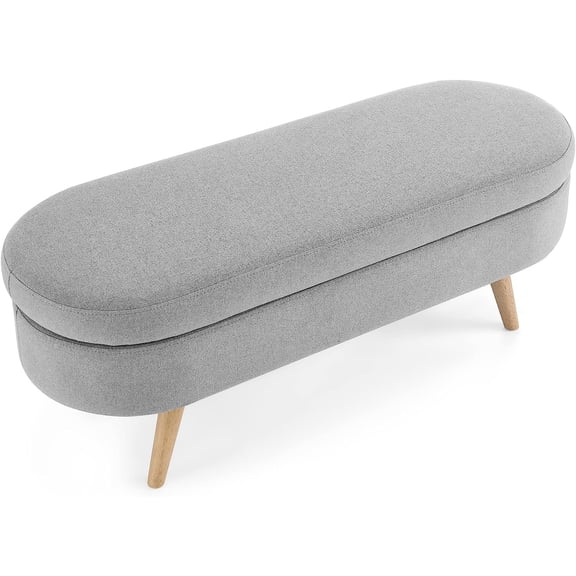 43.5" Storage Ottoman Bench Oval Linen Storage Bench for Bedroom Upholstered Entryway Bench with Storage and Rubber Wood Legs, Foot Rest Long Stool for Couch Sofa End of Bed, Grey