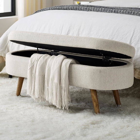 43.5" Storage Ottoman with Safety Hinge, Linen Upholstered Footstool for Bedroom or Living Room, Beige