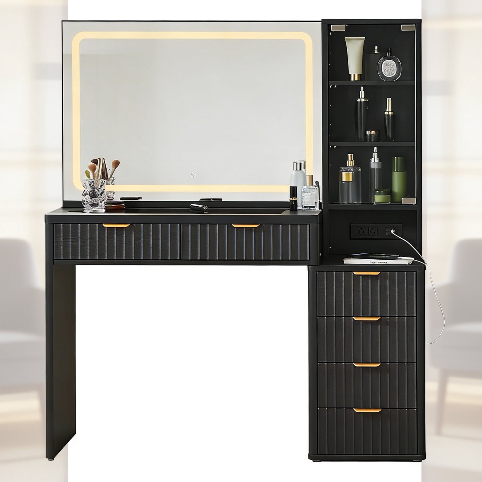 43.5" Vanity Desk with Mirror, LED Lights and Charging Station, Makeup Vanity with 3 Shelves & 6 Fluted Drawers, Vanity Set for Bedroom, Black