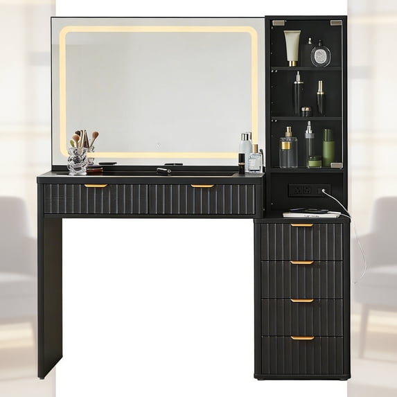 43.5" Vanity Desk with Mirror, LED Lights and Charging Station, Makeup Vanity with 3 Shelves & 6 Fluted Drawers, Vanity Set for Bedroom, Black