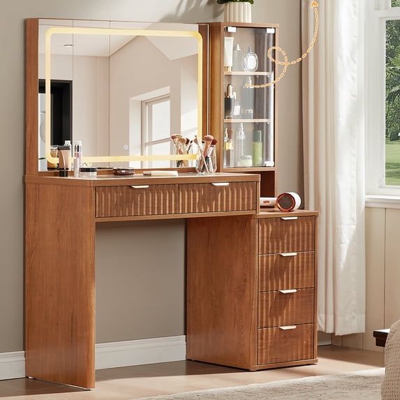 LEYAOYAO 43.5" Vanity Desk with Mirror, LED Lights and Charging Station, Makeup Vanity with 3 Shelves & 6 Fluted Drawers for Bedroom, Brown
