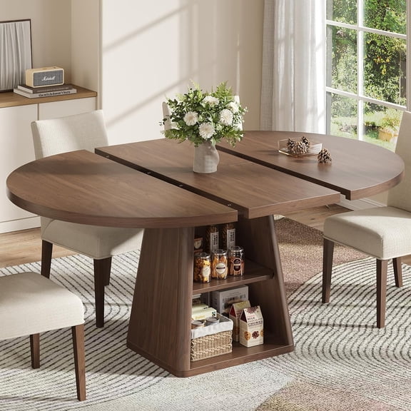 43-59" Extendable Dining Table for 4-6, Walnut Round/Oval Kitchen Table with Storage, Expandable Dining Room Table with Thick Top & Pedestal Base
