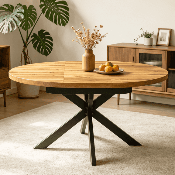 43.2"-59.2" Extendable Round Dining Table for 4-6,Mid Century Modern Wooden Round Table,Dining Room Table with Metal Frame for Dining Living Room ,Saving Space