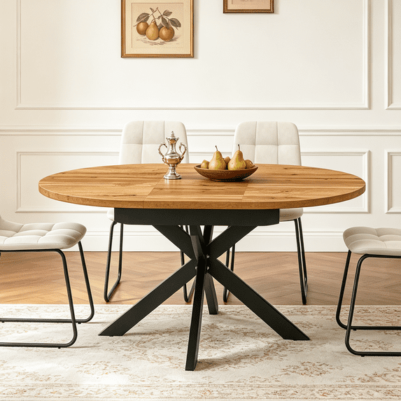 43.2"-59.2" Extendable Round Dining Table for 4-6,Wooden Round Kitchen Table,Dining Room Table with Metal Frame for Dining Living Room ,Saving Space