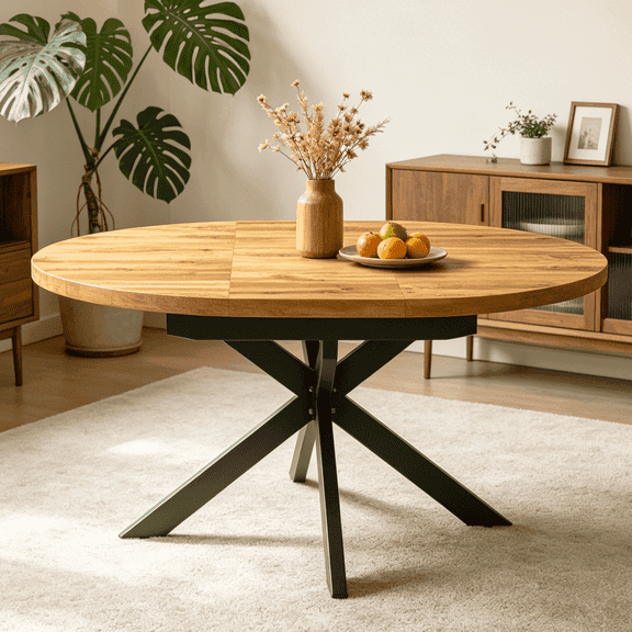 43.2"-59.2" Extendable Round Dining Table for 4-6,Mid Century Modern Wooden Round Table,Dining Room Table with Metal Frame for Dining Living Room ,Saving Space