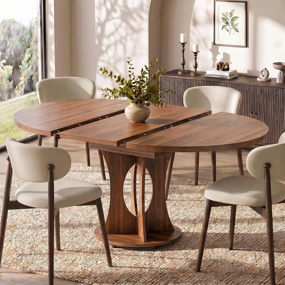 43-59" Extendable Round Dining Table, Kitchen Table for 4-8, Farmhouse Circle Dining Room Table with Removable Leaves,Hidden Storage, Space Saving Wood Kitchen & Dining Room Furniture, Walnut