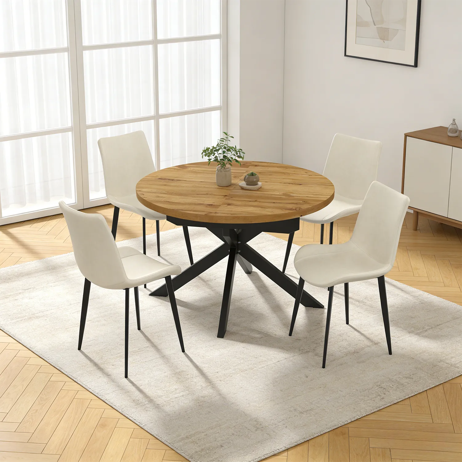 43"-59" Extendable Round Dining Table Set for 4-6,5 Piece Mid Century ...