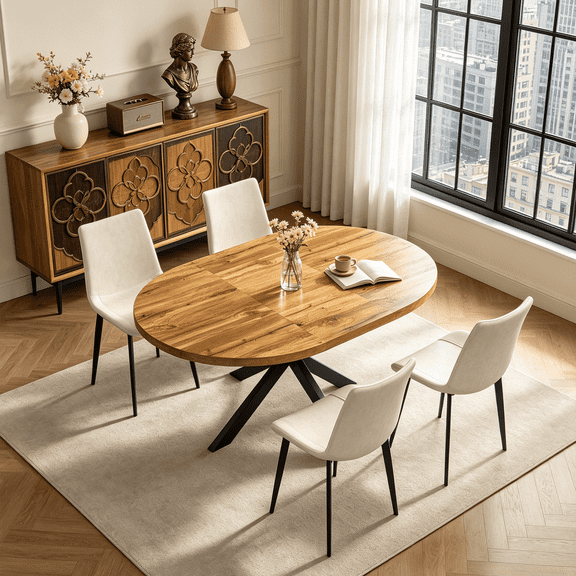 43.2"-59.2" Extendable Round Dining Table Set for 4-6,5 Piece Mid Century Modern Round Kitchen Table Set with 4 Upholstered Chairs for Kitchen Living Room, Space Saving