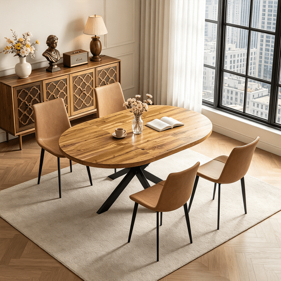 43.2"-59.2" Extendable Round Dining Table Set for 4-6,5 Piece Mid Century Modern Round Kitchen Table Set with 4 Upholstered Chairs for Kitchen Living Room, Space Saving