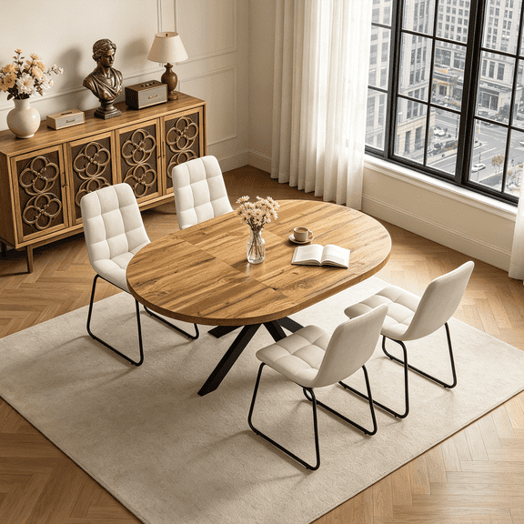 43.2"-59.2" Extendable Round Dining Table Set for 4-6,5 Piece Mid Century Modern Round Kitchen Table Set with 4 Upholstered Chairs for Kitchen Living Room, Space Saving
