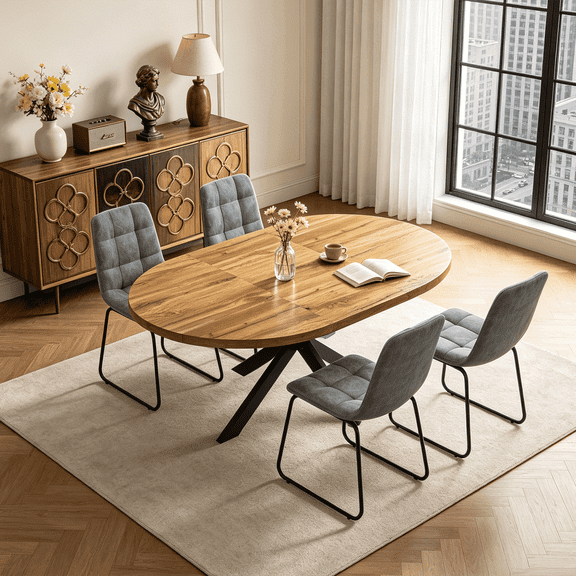 43.2"-59.2" Extendable Round Dining Table Set for 4-6,5 Piece Mid Century Modern Round Kitchen Table Set with 4 Upholstered Chairs for Kitchen Living Room, Space Saving