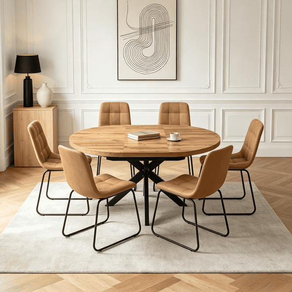 43.2"-59.2" Extendable Round Dining Table Set for 4-6,7 Piece Mid Century Modern Round Kitchen Table Set with 6 Upholstered Chairs for Kitchen Living Room, Space Saving