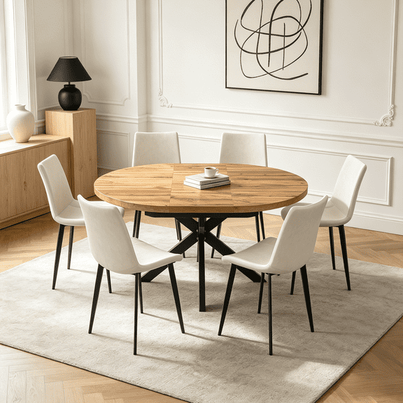 43.2"-59.2" Extendable Round Dining Table Set for 4-6,7 Piece Mid Century Modern Round Kitchen Table Set with 6 Upholstered Chairs for Kitchen Living Room, Space Saving