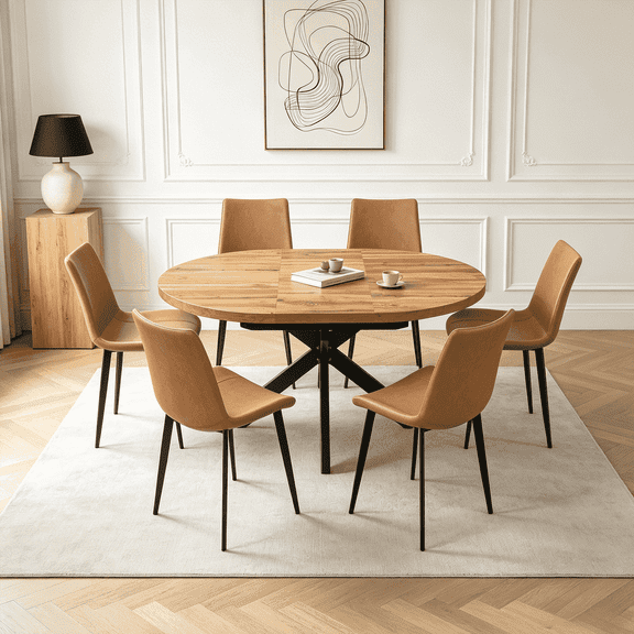 43.2"-59.2" Extendable Round Dining Table Set for 4-6,7 Piece Mid Century Modern Round Kitchen Table Set with 6 Upholstered Chairs for Kitchen Living Room, Space Saving
