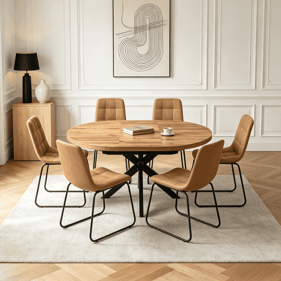 43.2"-59.2" Extendable Round Dining Table Set for 4-6,7 Piece Mid Century Modern Round Kitchen Table Set with 6 Upholstered Chairs for Kitchen Living Room, Space Saving