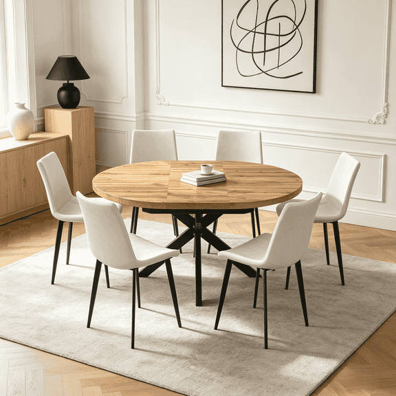 43.2"-59.2" Extendable Round Dining Table Set for 4-6,7 Piece Mid Century Modern Round Kitchen Table Set with 6 Upholstered Chairs for Kitchen Living Room, Space Saving