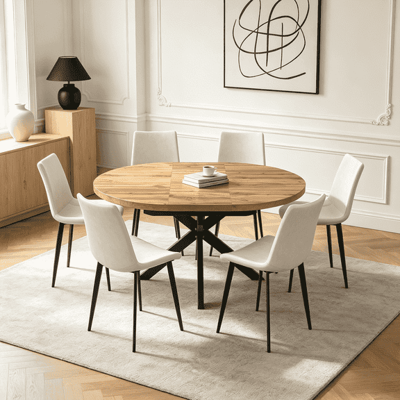 43.2"-59.2" Extendable Round Dining Table Set for 4-6,7 Piece Mid Century Modern Round Kitchen Table Set with 6 Upholstered Chairs for Kitchen Living Room, Space Saving