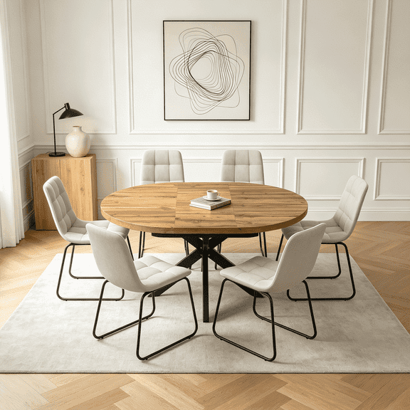 43.2"-59.2" Extendable Round Dining Table Set for 4-6,7 Piece Mid Century Modern Round Kitchen Table Set with 6 Upholstered Chairs for Kitchen Living Room, Space Saving