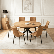 43.2"-59.2" Extendable Round Dining Table Set for 4-6,7 Piece Round Kitchen Table Set with 6 Upholstered Chairs for Living Room, Space Saving