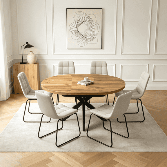 43.2"-59.2" Extendable Round Dining Table Set for 4-6,7 Piece Mid Century Modern Round Kitchen Table Set with 6 Upholstered Chairs for Kitchen Living Room, Space Saving