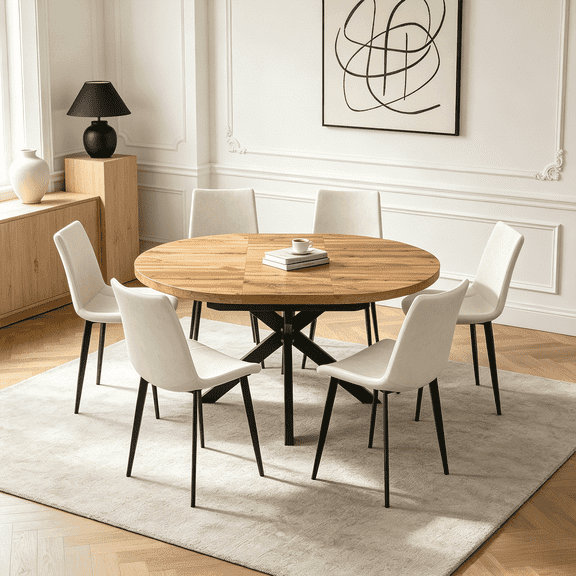 43.2"-59.2" Extendable Round Dining Table Set for 4-6,7 Piece Mid Century Modern Round Kitchen Table Set with 6 Upholstered Chairs for Kitchen Living Room, Space Saving