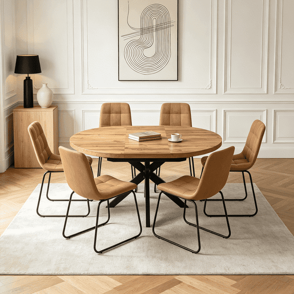 43.2"-59.2" Extendable Round Dining Table Set for 4-6,7 Piece Mid Century Modern Round Kitchen Table Set with 6 Upholstered Chairs for Kitchen Living Room, Space Saving