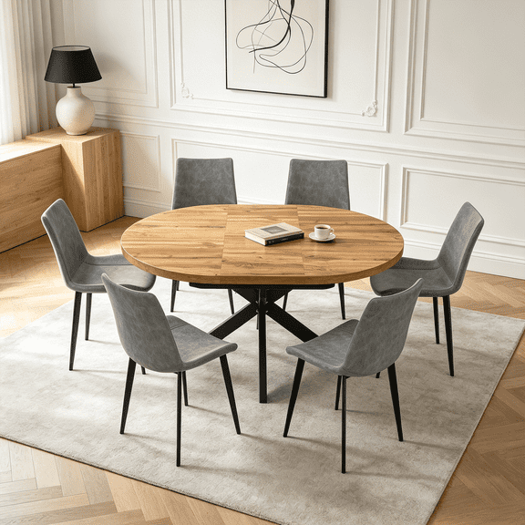 43.2"-59.2" Extendable Round Dining Table Set for 4-6,7 Piece Mid Century Modern Round Kitchen Table Set with 6 Upholstered Chairs for Kitchen Living Room, Space Saving