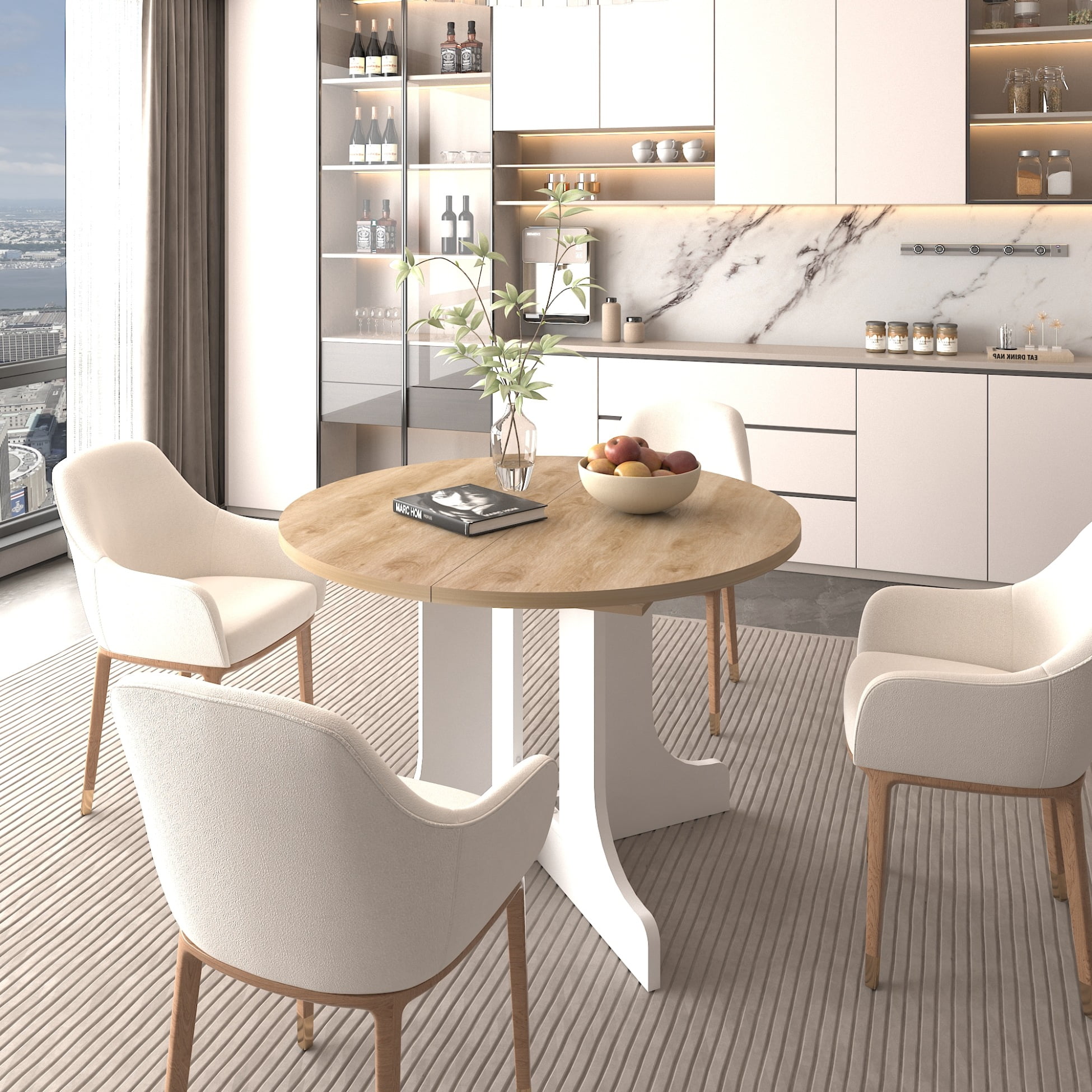 43"-59" Extendable Round Dining Table Set, Mid Century Wooden Round ...