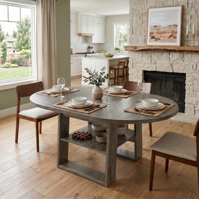 43"-59" Extendable Round-to-Oval Dining Table for 4-6 with Flip-Up Leaf, Kitchen Accent Dinner Table with Storage Shelf