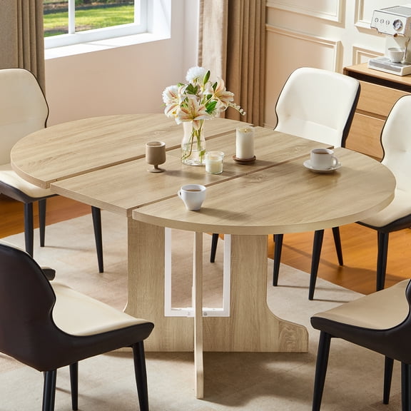 43"-59" Farmhouse Extendable Dining Table for 4-6, Space Saving Round to Oval Kitchen Table with Storage Shelf & Cross Pedestal Base, White