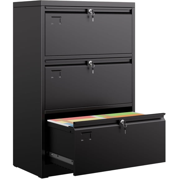 43.62" H Lateral File Cabinet 3 Drawer,Metal Wide Filing Cabinet with Locks and Business Card Slot for Home Office School Hanging Letter/Legal/F4/A4 Size Folders,Required Assembly,Black